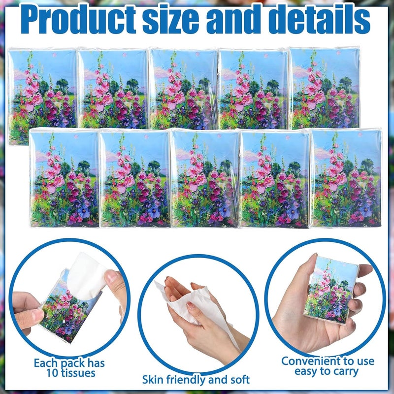 Fourluoo 100 Pack Pocket Tissues Individual Packs Bulk 3 Ply Mini Wallet Facial Tissues Travel Size for Spring Summer Wedding Party Supplies(Oil Painting Flowers) - Image 5